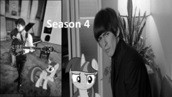 Size: 1280x720 | Tagged: safe, twilight sparkle, alicorn, human, g4, a hard day's night, black and white, george harrison, grayscale, irl, irl human, monochrome, photo, twilight sparkle (alicorn), with the beatles