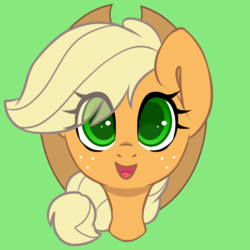 Size: 900x900 | Tagged: safe, artist:spoopygander, applejack, earth pony, pony, g4, colored pupils, cute, eye clipping through hair, female, freckles, green background, hat, jackabetes, looking at you, simple background, smiling, solo