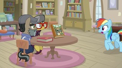 Size: 1920x1080 | Tagged: safe, screencap, a.k. yearling, doctor caballeron, rainbow dash, earth pony, pegasus, pony, daring doubt, g4, book, bookshelf, female, groom q.q. martingale, male, mare, stallion