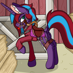 Size: 5000x5000 | Tagged: safe, artist:cuddlelamb, oc, oc:charming dazz, pony, unicorn, ballgag, bridle, butt, clothes, dock, gag, harness, plot, raised hoof, reins, saddle, shirt, solo, tack