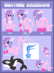 Size: 1600x2134 | Tagged: safe, artist:crystal-tranquility, oc, oc only, oc:seatune serenade, dolphin, dolphin pony, merpony, orca, original species, pony, baby, baby pony, cutie mark, deviantart watermark, diaper, female, filly, obtrusive watermark, reference sheet, solo, watermark