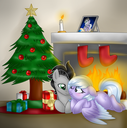 Size: 1700x1707 | Tagged: safe, artist:crystal-tranquility, oc, oc only, oc:forged steel, oc:glitter jewel, pony, candle, christmas, christmas tree, female, fire, fireplace, hearth, holiday, male, mare, present, prone, stallion, tree