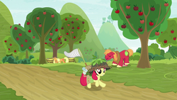 Size: 1280x720 | Tagged: safe, screencap, apple bloom, applejack, big macintosh, earth pony, pony, g4, going to seed, apple, apple tree, busy, butterfly net, cutie mark, determined, excited, female, filly, floppy ears, foal, freckles, grin, helmet, male, mare, rope, saddle bag, smiling, stallion, sweet apple acres, too cute, tree, unshorn fetlocks