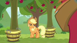 Size: 1280x720 | Tagged: safe, screencap, applejack, big macintosh, earth pony, pony, g4, going to seed, apple, apple tree, tree