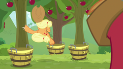 Size: 1280x720 | Tagged: safe, screencap, applejack, big macintosh, earth pony, pony, g4, going to seed, apple, apple tree, brother and sister, cutie mark, duo, dynamic entry, faceless female, faceless male, female, jump kick, male, mare, ponytail, siblings, stallion, sweet apple acres, tree