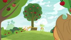 Size: 1280x720 | Tagged: safe, screencap, applejack, goldie delicious, granny smith, earth pony, pony, g4, going to seed, apple, apple tree, tree