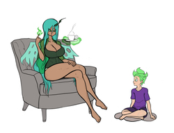 Size: 1526x1169 | Tagged: safe, artist:franschesco, queen chrysalis, spike, human, g4, armchair, barefoot, big breasts, breasts, busty queen chrysalis, chair, coffee, coffee cup, cup, dark skin, feet, glowing hands, horn, horned humanization, huge breasts, humanized, magic, simple background, sitting, white background, winged humanization, wings