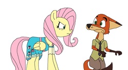 Size: 1821x1005 | Tagged: safe, artist:hunterxcolleen, fluttershy, fox, pegasus, pony, g4, angry, clothes, crossover, dress, equestria girls outfit, fluttershy boho dress, necktie, nick wilde, simple background, white background, zootopia