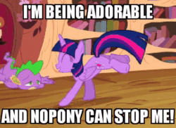 Size: 480x349 | Tagged: safe, edit, edited screencap, screencap, spike, twilight sparkle, alicorn, dragon, pony, g4, three's a crowd, abuse, adorkable, and nopony can stop me, animated, caption, cute, dork, eyes closed, female, gif, golden oaks library, happy, i'm being adorable and no one can stop me!, image macro, levitation, library, magic, male, mare, open mouth, prancing, smiling, spikeabuse, telekinesis, text, twiabetes, twilight sparkle (alicorn)