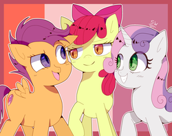 Size: 1902x1500 | Tagged: safe, artist:stuwor-art, apple bloom, scootaloo, sweetie belle, earth pony, pegasus, pony, unicorn, g4, growing up is hard to do, abstract background, cutie mark, cutie mark crusaders, female, mare, older, older apple bloom, older cmc, older scootaloo, older sweetie belle, the cmc's cutie marks
