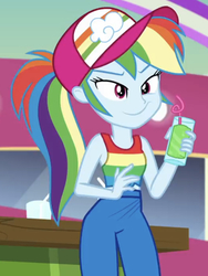 Size: 600x797 | Tagged: safe, screencap, rainbow dash, equestria girls, equestria girls specials, g4, my little pony equestria girls: better together, my little pony equestria girls: spring breakdown, bendy straw, cap, clothes, drinking straw, female, hat, rainbow dash is best facemaker, solo