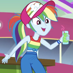 Size: 757x755 | Tagged: safe, screencap, rainbow dash, equestria girls, equestria girls specials, g4, my little pony equestria girls: better together, my little pony equestria girls: spring breakdown, animation error, bendy straw, cap, clothes, drinking straw, female, geode of super speed, hat, magical geodes, solo