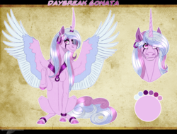 Size: 1305x990 | Tagged: safe, artist:bijutsuyoukai, oc, oc only, oc:daybreak sonata, pony, colored wings, curved horn, female, horn, magical lesbian spawn, mare, multicolored wings, offspring, parent:princess cadance, parent:trixdance, parent:trixie, reference sheet, solo, wings