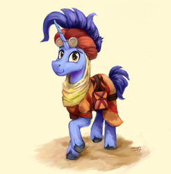 Size: 2660x2700 | Tagged: safe, artist:aemuhn, hoo'far, pony, unicorn, g4, clothes, commission, high res, looking at you, male, raised hoof, saddle bag, solo, stallion, unshorn fetlocks