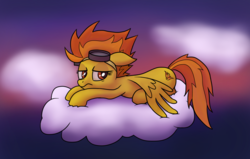 Size: 1280x816 | Tagged: safe, artist:wallparty, spitfire, pegasus, pony, g4, cloud, female, goggles, mare, on a cloud, sky, solo, tired