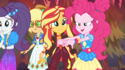 Size: 1280x720 | Tagged: safe, screencap, applejack, pinkie pie, rarity, sunset shimmer, equestria girls, equestria girls series, g4, sunset's backstage pass!, spoiler:eqg series (season 2), cracking knuckles, determined, discovery family logo, evening, female, forest, sunglasses, worried
