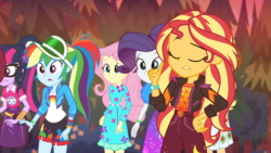Size: 1280x720 | Tagged: safe, screencap, fluttershy, rainbow dash, rarity, sci-twi, sunset shimmer, twilight sparkle, equestria girls, equestria girls series, g4, sunset's backstage pass!, spoiler:eqg series (season 2), discovery family logo, eyes closed, female, geode of empathy, geode of fauna, geode of super speed, geode of telekinesis, magical geodes