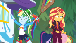 Size: 1280x720 | Tagged: safe, screencap, applejack, fluttershy, rainbow dash, sci-twi, sunset shimmer, twilight sparkle, equestria girls, equestria girls specials, g4, my little pony equestria girls: better together, my little pony equestria girls: sunset's backstage pass, clothes, female, geode of empathy, jacket, magical geodes, outdoors, paddle, rainbow dash's paddle, rv, shorts, unamused, visor