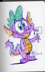 Size: 703x1137 | Tagged: safe, artist:spongefox, spike, dragon, g4, fangs, hi, male, sign, smiling, solo, traditional art