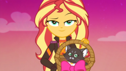 Size: 1280x720 | Tagged: safe, screencap, sunset shimmer, cat, equestria girls, equestria girls specials, g4, my little pony equestria girls: better together, my little pony equestria girls: sunset's backstage pass, backstage pass, basket, clothes, cute, discovery kids, female, hattie, jacket, kitten, logo, shimmerbetes, sky, smiling