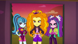 Size: 1280x720 | Tagged: safe, screencap, adagio dazzle, aria blaze, sonata dusk, equestria girls, equestria girls specials, g4, my little pony equestria girls: better together, my little pony equestria girls: sunset's backstage pass, female, hand on hip, the dazzlings, the dazzlings tour bus