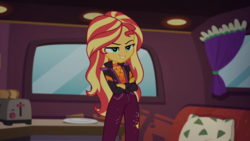 Size: 1280x720 | Tagged: safe, screencap, sunset shimmer, equestria girls, equestria girls series, g4, sunset's backstage pass!, spoiler:eqg series (season 2), bread, crossed arms, female, food, toast, toaster