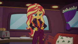 Size: 1280x720 | Tagged: safe, screencap, sunset shimmer, equestria girls, equestria girls series, g4, sunset's backstage pass!, spoiler:eqg series (season 2), bread, female, food, hand on hip, toast, toaster