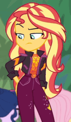Size: 350x600 | Tagged: safe, screencap, fluttershy, sci-twi, sunset shimmer, twilight sparkle, equestria girls, equestria girls series, g4, sunset's backstage pass!, spoiler:eqg series (season 2), animated, backstage pass, butt rub, butt touch, cropped, female, out of context, smooth as butter, solo focus, unamused