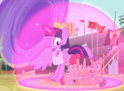 Size: 957x703 | Tagged: safe, screencap, ballet jubilee, green sprout, twilight sparkle, waltzer, alicorn, pony, g4, growing up is hard to do, colt, female, filly, foal, force field, male, saddle bag, twilight sparkle (alicorn)