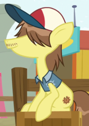 Size: 310x440 | Tagged: safe, screencap, sprocket pop, earth pony, pony, g4, growing up is hard to do, background pony, cropped, hair over eyes, hat, male, solo, stallion