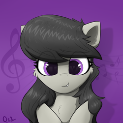 Size: 1024x1024 | Tagged: safe, artist:d.w.h.cn, octavia melody, earth pony, pony, g4, bust, cheek fluff, chest fluff, cute, eye clipping through hair, female, mare, music notes, portrait, purple background, smiling, solo, tavibetes