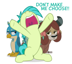 Size: 900x800 | Tagged: safe, artist:dm29, gallus, sandbar, yona, earth pony, griffon, pony, yak, g4, dialogue, female, gallus is not amused, implied bisexual, implied gallbar, implied gay, implied straight, implied yonabar, male, simple background, transparent background, trio, unamused, why not both, yelling, yona is not amused