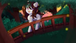 Size: 1183x675 | Tagged: safe, artist:auroracursed, oc, oc only, earth pony, pony, bridge, female, forest, obtrusive watermark, solo, watermark