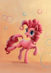 Size: 965x1364 | Tagged: safe, artist:plainoasis, pinkie pie, earth pony, pony, g4, bubble, curly tail, ear piercing, earring, female, happy, jewelry, looking at you, mare, piercing, raised hoof, raised leg, smiling, smiling at you, solo, tail