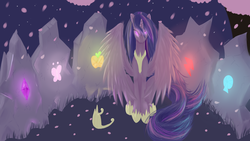 Size: 2048x1152 | Tagged: safe, twilight sparkle, alicorn, pony, g4, the last problem, crown, dead, element of generosity, element of honesty, element of kindness, element of laughter, element of loyalty, element of magic, elements of harmony, eye glow, female, glowing eyes, grave, graveyard, immortality blues, implied death, jewelry, mare, older, older twilight, older twilight sparkle (alicorn), princess twilight 2.0, regalia, sad, twilight sparkle (alicorn), twilight will outlive her friends, ultimate twilight