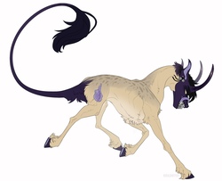 Size: 1600x1300 | Tagged: safe, artist:dementra369, oc, oc only, demon, pony, fangs, floppy ears, horns, leonine tail, male, running, simple background, solo, tongue out, trotting, tusk, white background