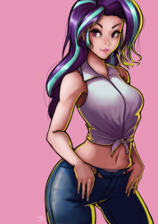 Size: 848x1200 | Tagged: safe, artist:the-park, starlight glimmer, human, g4, belly button, clothes, female, front knot midriff, grin, humanized, jeans, lipstick, midriff, pants, pink background, simple background, smiling, solo, standing, stupid sexy starlight glimmer, underwear