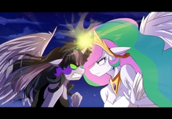 Size: 1535x1063 | Tagged: safe, artist:traupa, princess celestia, twilight sparkle, alicorn, anthro, g4, clothes, confrontation, digital art, evil, fake, faker than a three dollar bill, female, fight, gritted teeth, looking at each other, sombra eyes, twilight is anakin, twilight sparkle (alicorn)