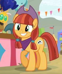 Size: 393x468 | Tagged: safe, screencap, jade spade, earth pony, pony, g4, growing up is hard to do, appleloosa resident, background pony, bandana, cowboy hat, cropped, cute, female, grin, hat, jadeabetes, mare, raised hoof, smiling, solo focus