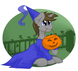 Size: 939x851 | Tagged: safe, artist:cadetredshirt, oc, oc only, oc:disty, pony, unicorn, braid, clothes, costume, crossdressing, ear fluff, halloween, halloween costume, hat, holiday, male, mouth hold, princess costume, pumpkin, pumpkin bucket, raised hoof, sitting, solo, stallion, transparent background, trick or treat, ych result