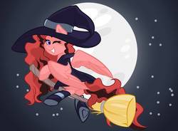 Size: 1043x766 | Tagged: safe, artist:cadetredshirt, oc, oc only, pegasus, pony, broom, clothes, costume, dress, flying, flying broomstick, full moon, halloween, halloween costume, hat, holiday, looking at you, moon, night, nightmare night, nightmare night costume, one eye closed, smiling, socks, solo, stars, striped socks, two toned mane, two toned tail, wink, witch, witch costume, witch hat, ych example, ych result