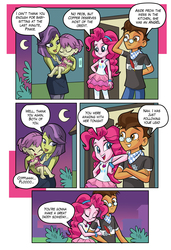 Size: 1749x2554 | Tagged: safe, artist:art-2u, pinkie pie, victoria, water lily (equestria girls), oc, oc:copper plume, comic:the copperpie chronicles, equestria girls, equestria girls series, spoiler:eqg series (season 2), arm behind back, arm behind head, arm on shoulder, babysitting, canon x oc, carrying, clothes, comic, commission, commissioner:imperfectxiii, copperpie, crossed arms, cute, dialogue, dress, female, freckles, geode of sugar bombs, glasses, hairband, hand behind back, hand on hip, jeans, magical geodes, male, miniskirt, moon, mother and daughter, neckerchief, night, pants, pantyhose, shipping, shirt, skirt, straight, text bubbles, toddler, wristband