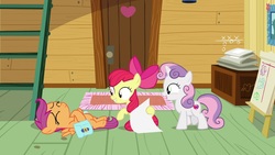 Size: 1920x1080 | Tagged: safe, screencap, apple bloom, scootaloo, sweetie belle, pony, g4, growing up is hard to do, clubhouse, crusaders clubhouse, cutie mark crusaders, ladder, on back, saddle bag