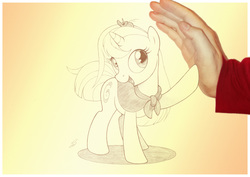 Size: 1073x759 | Tagged: safe, artist:sherwoodwhisper, oc, oc:eri, oc:whisper, human, mouse, pony, unicorn, breaking the fourth wall, cape, clothes, female, filly, hand, high five, irl, irl human, monochrome, photo, photoshop, raised hoof, smol, tiny, tiny ponies, traditional art