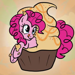 Size: 2100x2100 | Tagged: safe, artist:sjart117, pinkie pie, earth pony, pony, g4, autumn, cake, cupcake, female, food, frosting, high res, leaves, licking, licking lips, looking up, ponies in food, solo, tongue out