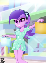 Size: 1900x2638 | Tagged: safe, artist:theretroart88, amethyst star, sparkler, human, equestria girls, g4, 80s, breasts, clothes, digital art, female, grin, shopping, smiling, solo