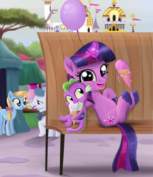 Size: 2849x3300 | Tagged: safe, artist:greenbrothersart, spike, twilight sparkle, dragon, pony, unicorn, g4, balloon, bench, carnival, cute, female, filly, filly twilight sparkle, food, high res, ice cream, ice cream cone, looking at you, mama twilight, spikabetes, twiabetes, unicorn twilight, younger