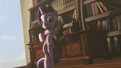 Size: 1920x1080 | Tagged: safe, artist:rainbowdashsnipers, starlight glimmer, pony, a horse shoe-in, g4, 3d, bipedal, bipedal leaning, book, bookshelf, female, globe, leaning, plant, solo