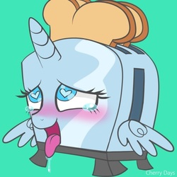 Size: 612x612 | Tagged: safe, artist:cherry days, oc, oc only, oc:seventhelement, alicorn, pony, adorable face, ahegao, blue eyes, blushing, bread, crying, drool, eyelashes, food, heart eyes, horn, i can't believe it's not badumsquish, meme, musician, non-pony oc, open mouth, orgasm, simple background, solo, teary eyes, toaster, tongue out, wat, wingding eyes, wings, ych result
