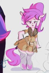 Size: 514x765 | Tagged: safe, artist:hattsy, oc, oc only, oc:marshmallow, earth pony, pony, bedroom eyes, bipedal, clothes, coat, female, hips, hoof on hip, looking at you, mare, socks, solo